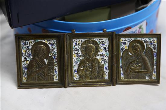 A group of 19th century and later Russian brass and champleve icons, crucifix 11in.